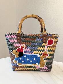 1 pieza Bolso tejido a rayas retro de salchicha, bolso de mano, bolso de tela, bolso de mano para mujer, bolso de playa - Multicolor - Ver 11