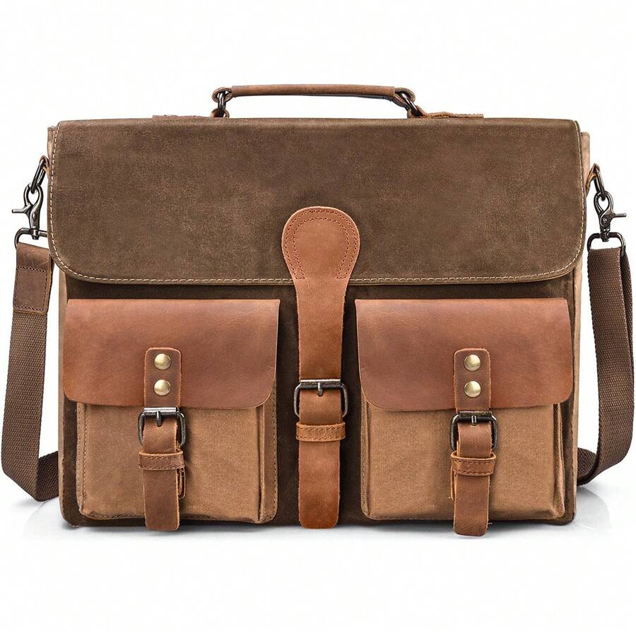 NEWHEY 15.6 Inch Men's Vintage Genuine Leather Large Laptop Briefcase, Waterproof Canvas Messenger Bag, Durable Leather Computer Bag, Brown - Multicolor - View 1