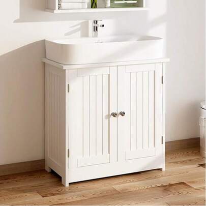 Bathroom Under Sink Cabinet White, Floor Standing Cupboard With Double Door, 2 Layer Storage Basin Unit, 23.6 X 23.6 X 11.8 In