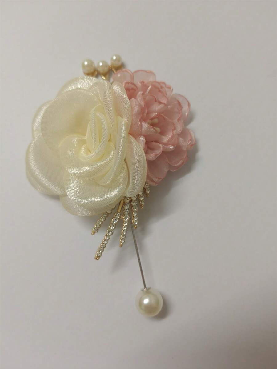 米色伴郎/伴娘婚礼胸针，优雅新郎新娘襟花，伴娘腕花，适用于婚礼、派对、周年纪念、情人节 - 米色+粉紅色-701 - 查看 1