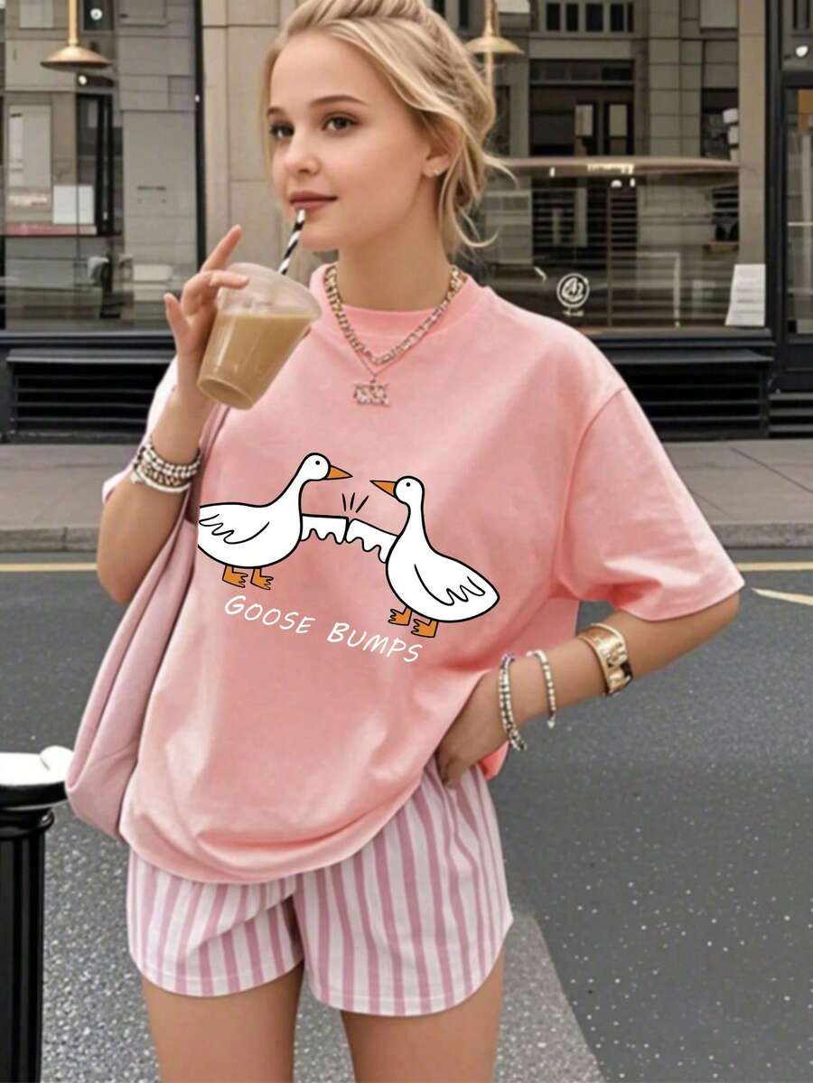 Girls' Cartoon Goose Print Short Sleeve T-Shirt, Girls' Summer Round Neck Blouse - Pink - View 1