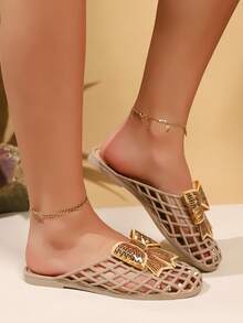 Plus Size Summer 2026 New Hollow Butterfly Sandals, Flat Slip-On Closed Toe Beach Shoes For Women - Apricot - View 10