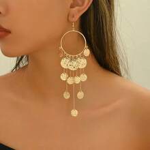 1 par de pendientes colgantes con borlas y discos martillados enlazados, elegantes y creativos, adecuados para viajes, vacaciones, regalos, fiestas y uso diario - Negro - Ver 6