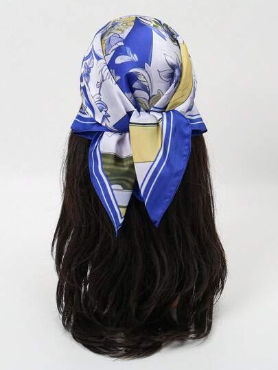 1条方巾，女士缎面花卉几何印花头巾，可作头巾、披肩、领巾使用