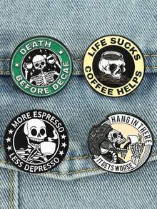 4枚咖啡文化黑色幽默徽章套装，骷髅头设计双关语标语徽章，专为咖啡爱好者打造，适合社交装饰和表达态度 - 彩色 - 查看 4