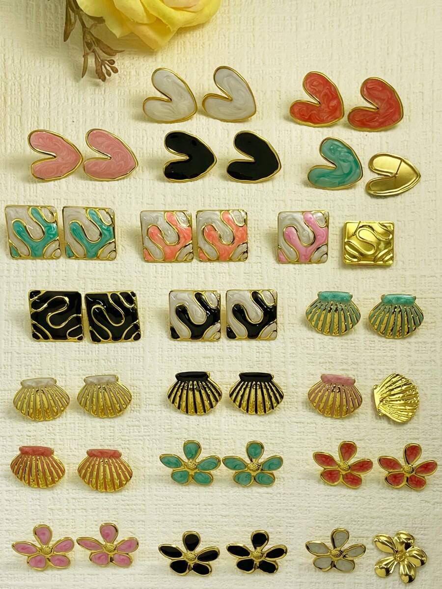 福袋 - 色彩缤纷的精致贝壳耳环，滴油几何心形耳环，耐用珐琅彩色耳环，百搭个性耳环，适合女性佩戴，可用于婚礼、派对、嘉年华、圣诞节、情人节、母亲节等场合，也适合日常佩戴和聚会。 - 彩色 - 查看 1