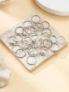 28件套优雅简约玻璃水晶心形波浪多元素可叠戴戒指套装，几何指节戒指套装，适合日常佩戴及各种场合，完美的节日礼物 - 銀色 - 查看 7