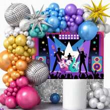 110pcs  Disco-Themed Party Decoration Set - Colorful Balloon Arch Kit With Happy Birthday Banner, Suitable For Birthdays, Christmas, Halloween, And Various Celebrations, Party Decorations | Retro Party Decorations | Durable Party Decorations, Disco Party Decorations, Metallic Pink And Purple Balloons, Party Supplies, Party Decor, Halloween Decorations,Guardianship - 彩色 - 查看 7