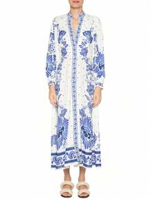 Romantic Floral Maxi Dress:Light Purple Dress With Colorful Floral Prints. Deep - V Neckline And Tiered Skirt, Creating A Dreamy, Fashionable Look For Vacations. - 彩色 - 查看 1
