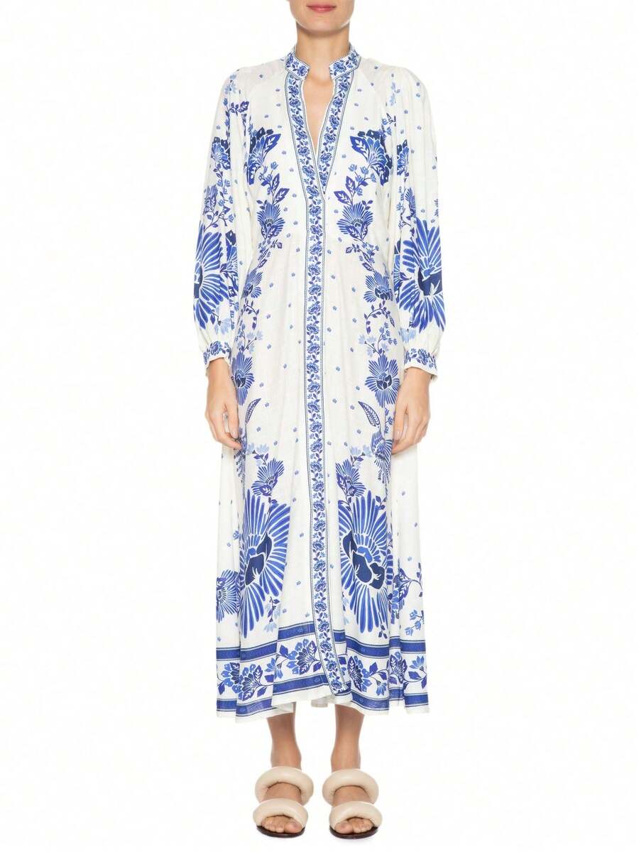 Romantic Floral Maxi Dress:Light Purple Dress With Colorful Floral Prints. Deep - V Neckline And Tiered Skirt, Creating A Dreamy, Fashionable Look For Vacations. - 彩色 - 查看 1