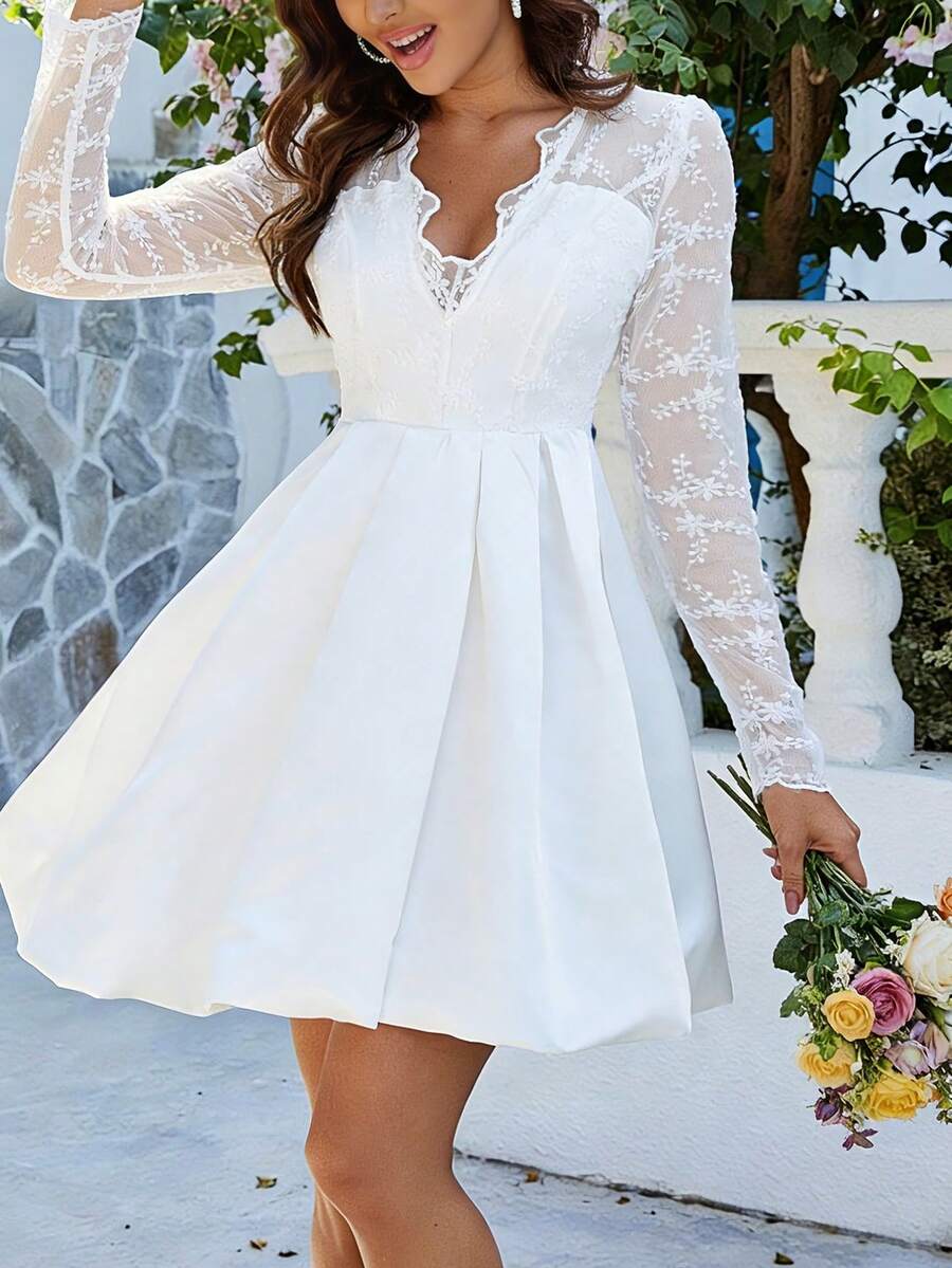 Women's Bride Gift Dress - A-Line Minimalist Embroidered Lace Wedding Gown With 3/4 Sleeves - White - View 1