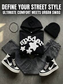 1pcs-Spider Wed Fashion Hip-Hop Printed Flower Hooide European And American Brand Large-Sized Loose Men's And Women's Hooded-280g Pure Heavy 100%Polyester - Black - View 9