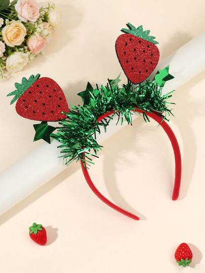 2pcs Glitter Strawberry Headband For Girls Green Tinsel Hairband Vacation/Picnic Headdress Cute Sweet Fruit Hair Hoop Sparkly Strawberry Headwear Teens Hair Accessory