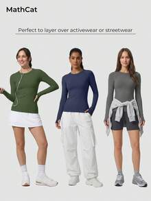 MathCat Seamless Workout Shirts For Women Long Sleeve Yoga Tops Sports Running Shirt Breathable Athletic Top Slim Fit - 軍綠色 - 查看 7