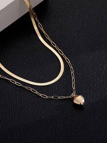 2pcs Set Fashionable Minimalist Gold Stainless Steel Blade Chain With Heart Pendant Necklace, Elegant Layered Choker Necklace, Suitable For Daily Wear And Gift - Yellow Gold - View 3