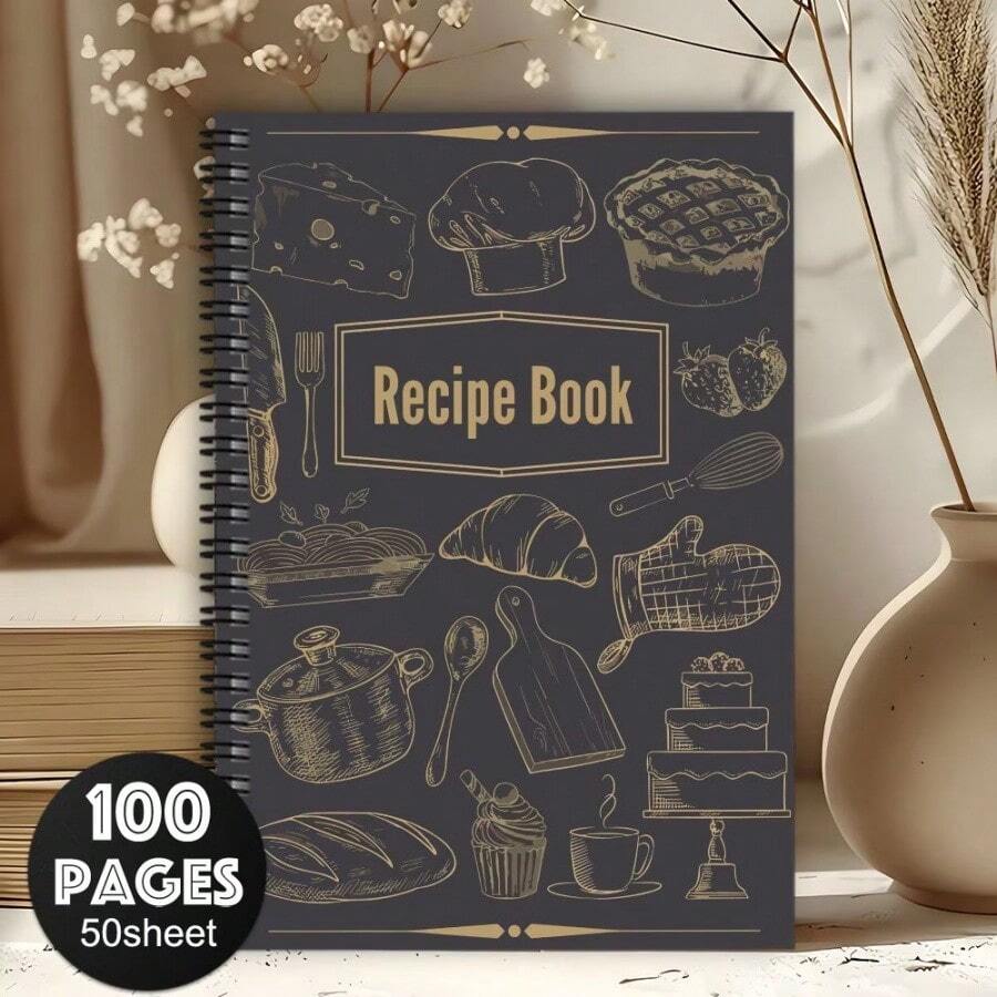 1 pieza Libreta de recetas con tema de cocina linda y libro de cocina para el hogar, tamaño A5 de 50/100 páginas - Encuadernación espiral, diseño con gorro de chef, pasta, pastel y herramientas de hornear - Diario de cocina portátil y planificador de recetas, adecuado para chefs y amantes de la comida - Libro en inglés con páginas para pasar - Multicolor - Ver 1