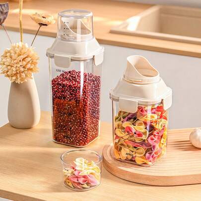 1pc 34/51/68 OZ Measuring Cup Sealed Cereal Container, Transparent Square Plastic Jar, Moisture-Proof Reusable Storage Box For Home