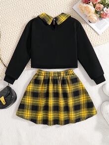 2 件/套女孩时尚春秋服装套装：字母印花领针织长袖上衣 + 松紧腰格子迷你裙，青春活力户外休闲秋装，舒适、柔软、简约的校园风格春季少女服装 - 黃色 - 查看 2