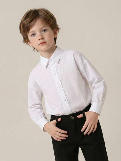 男童纯棉衬衫，儿童光滑面料，正式纯棉衬衫，平面前襟设计，纽扣袖口，修身剪裁，适合婚礼、派对、商务休闲场合，尺码 5-16