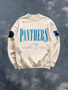 CAROLINA PANTHERS Font Multi Print 250g High Quality Men S Crewneck Sweatshirt American Retro Outdoor Long Sleeve Sports Top Casual Daily Wear For Spring, Autumn Winter  Clothing Gift For Friends Family On Holidays - Màu be - Xem 1