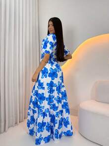 Long -Style Dress With Printed Sleeves - Blue Flowers - View 3