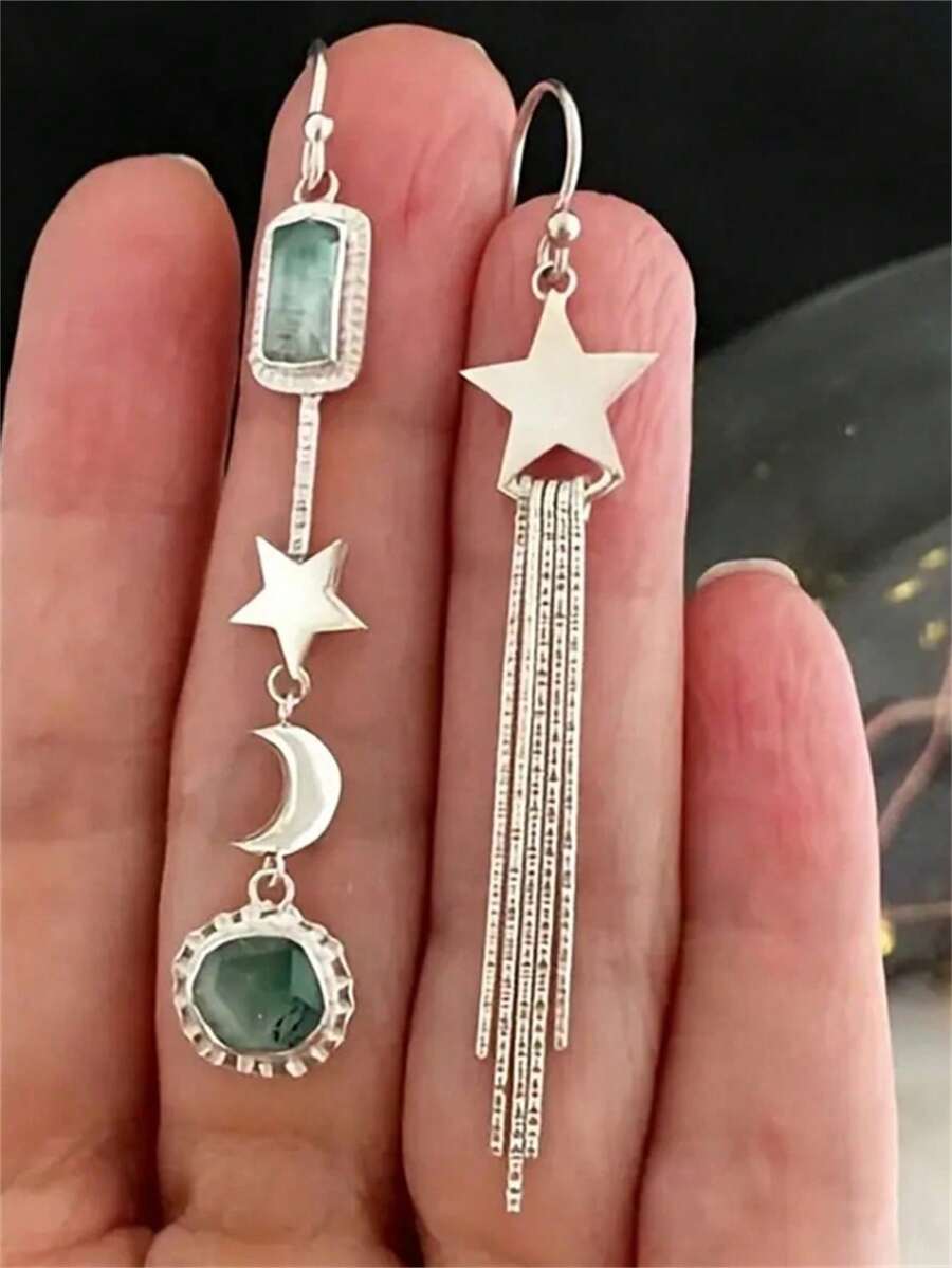 一对优雅时尚的星月不对称流苏耳环，适合女性日常、派对、旅行佩戴，也是一份精美的珠宝礼物。 - 銀色 - 查看 1