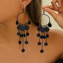1 par de pendientes colgantes con borlas y discos martillados enlazados, elegantes y creativos, adecuados para viajes, vacaciones, regalos, fiestas y uso diario - Negro - Ver 3