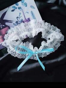 1 pieza Ligas de encaje elástico con moño azul, accesorio de boda tipo suspensor, cadena de moda para la pierna - Beis - Ver 5