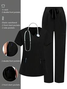 cimmuovere Plus Size Women V-Neck Short Sleeve Pocket Top And Loose Pocket Solid Color Scrubs Nurse Scrubs Workwear Dentist Healthcare Pet Hospital Laboratory Pants 2 Piece Set