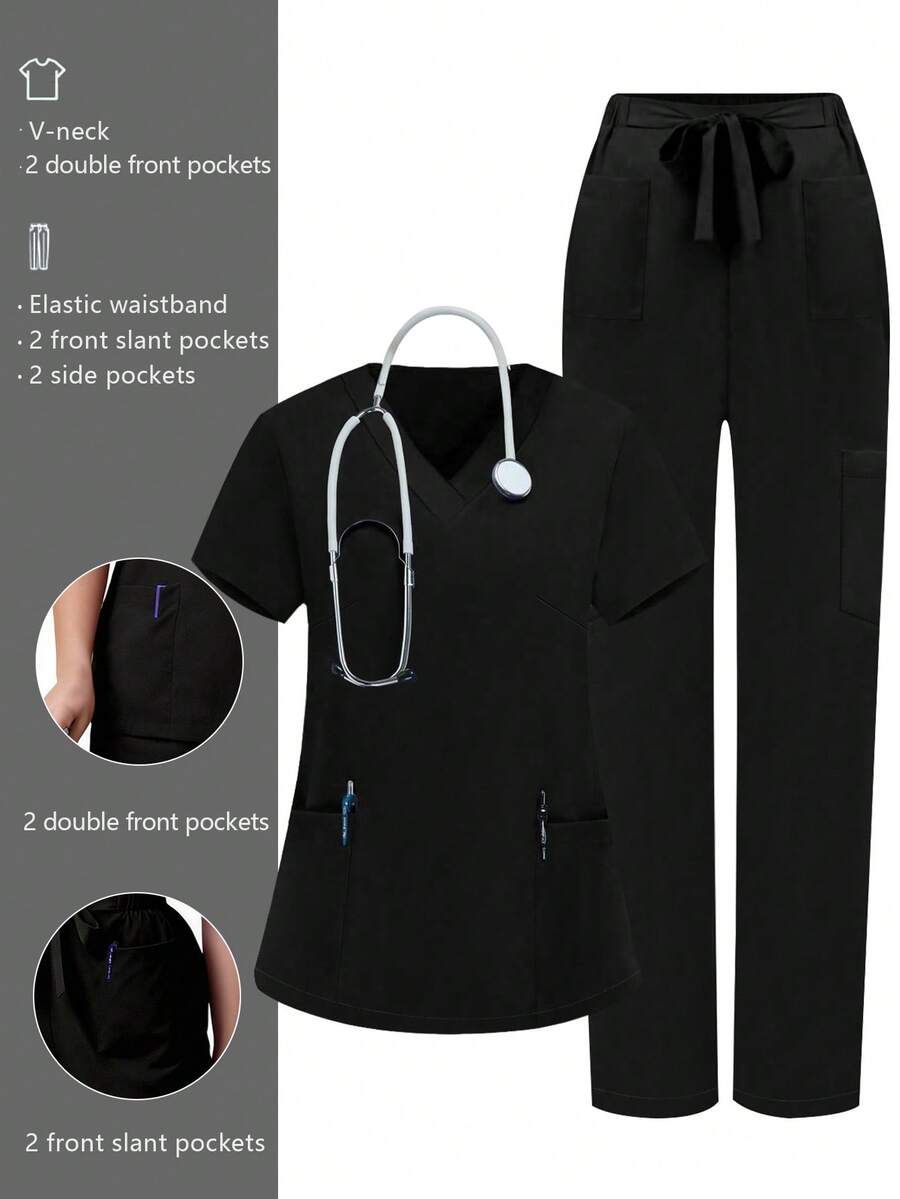 cimmuovere Plus Size Women V-Neck Short Sleeve Pocket Top And Loose Pocket Solid Color Scrubs Nurse Scrubs Workwear Dentist Healthcare Pet Hospital Laboratory Pants 2 Piece Set