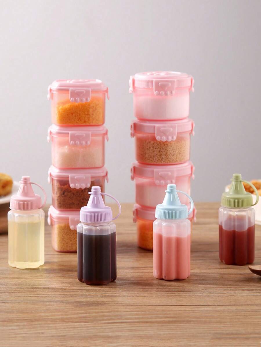 4-8件套迷你便当调味盒、酱料挤压瓶、香料罐套装、沙拉酱容器、小型透明番茄酱挤压瓶，适合学校、户外烧烤等场合 - 粉色 - 查看 1