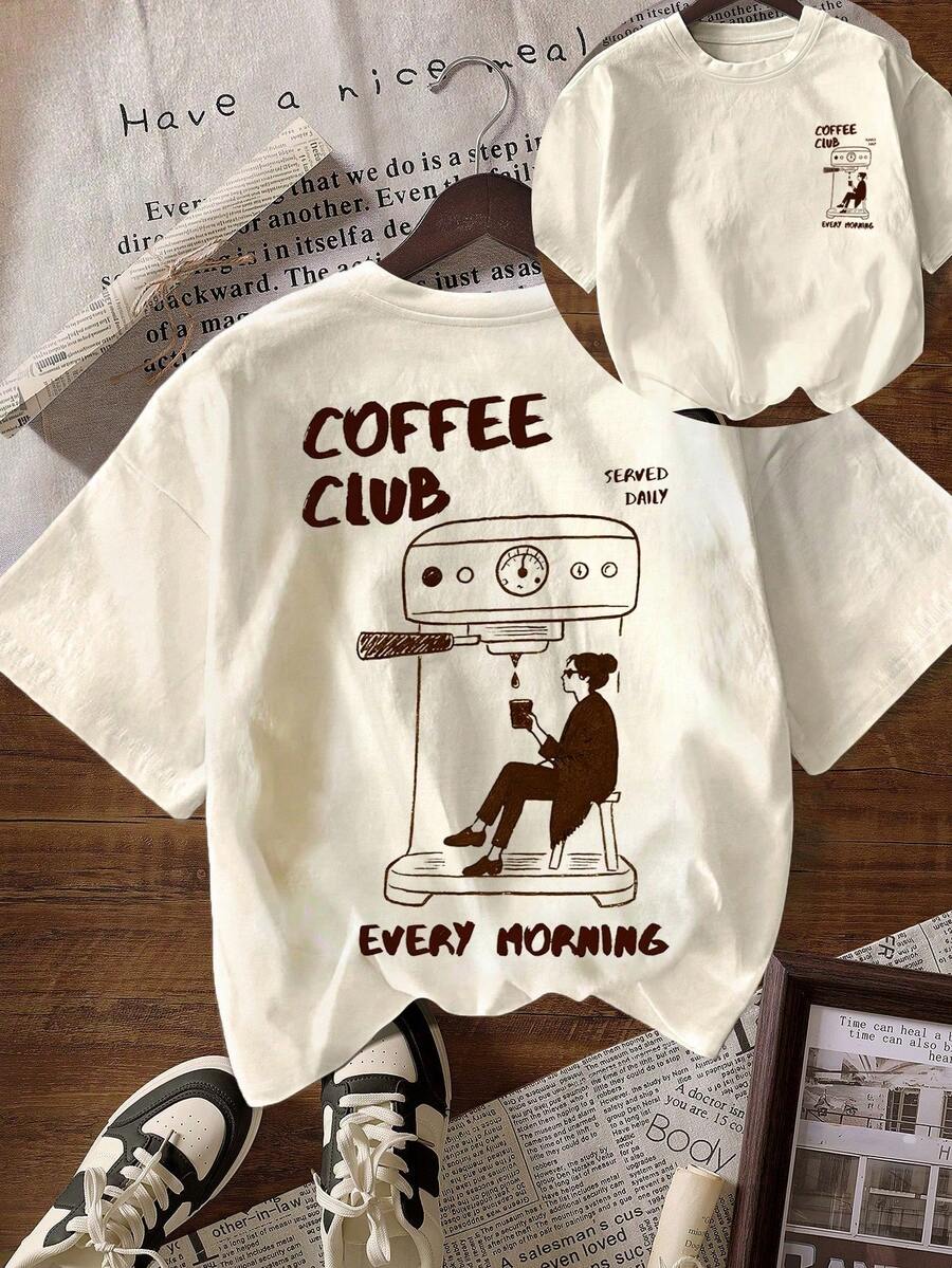 Coffee Club Graphic T-Shirt, Women Plus Size Casual Round Neck Short Sleeve Tee, Spring And Summer - Apricot - View 1