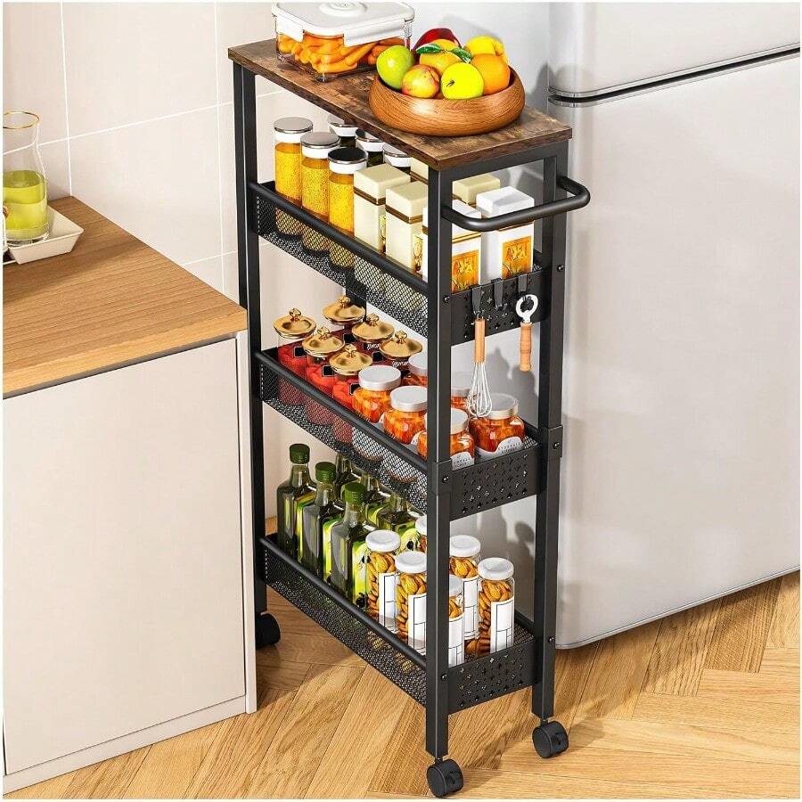 Utility Slim Storage Cart With Wheels, 4 Tier Small Rolling Cart With Wood Top, Metal Kitchen Bathroom Laundry Room Organization Trolley With Handle For Narrow Space – Black - màu đen - Xem 1