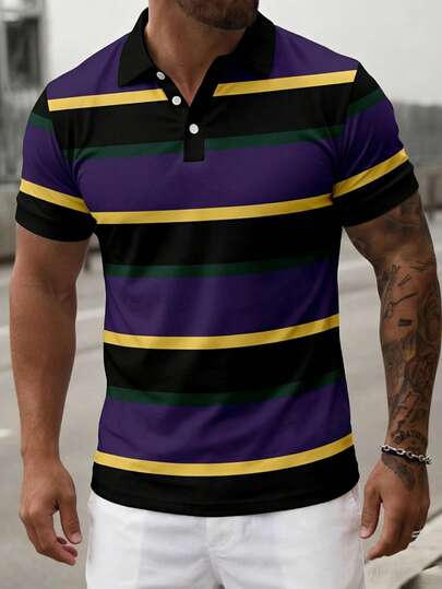 Camisa polo de manga corta de negocios casuales a rayas para hombres