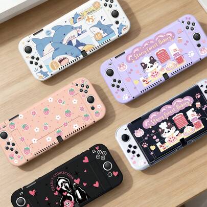 Ayotu 鲨鱼、草莓、猫咪和爱心主题Switch保护壳，兼容新款Switch2(2025)/Switch NS/Switch OLED，无需取下保护壳即可安装到底座上，通用游戏手柄保护套，Switch游戏配件，防摔、防刮，春日浪漫/返校礼物/圣诞礼物/情人节礼物