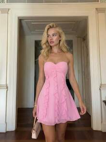 Perirose Đầm ngắn màu hồng thanh lịch không dây vai, xếp ly ở gấu váy, đầm không tay bồng bềnh thời trang, trang phục dự tiệc mùa hè ngọt ngào dành cho nữ. - Hồng - Xem 1