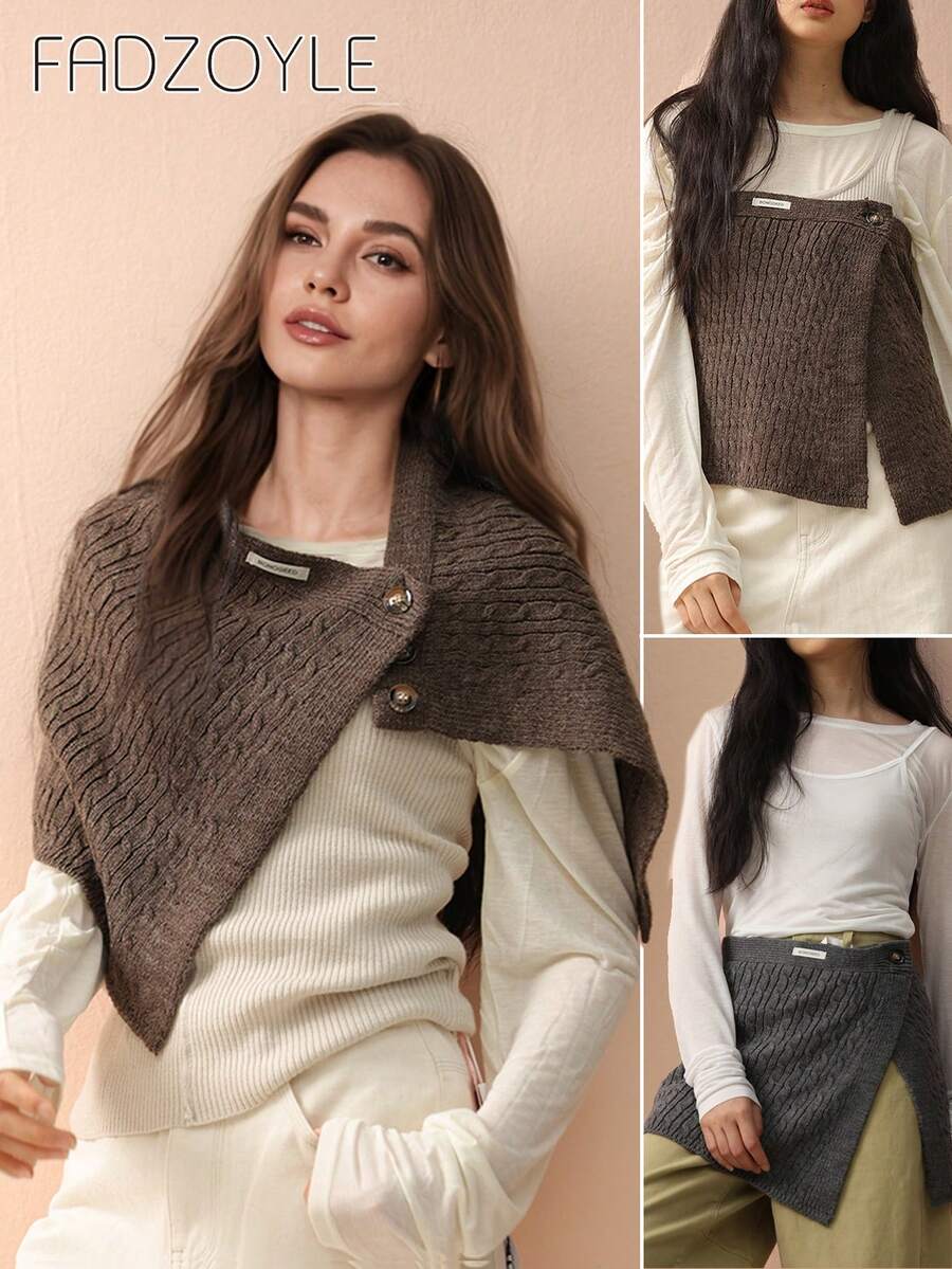 1pc Multi-Functional Shawl Chic Brown Black Cable-Knit Button-Accent Shawl Wrap All Season Winter Fall Warm Daily Life Evening Party Travel Gift Accessories - Multicolor - View 1