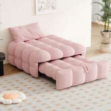 Upholstered Bed, 2-In-1 Footstool, Pull-Out Sofa Bed, Single Bed, Puffy Bed, Teddy Fabric, Pink - Pink - View 4