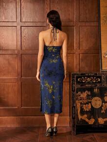 Faeriesty Elegant Halter Neck Sleeveless Bodycon Knitted Cheongsam Gown With Split Detail Long And Form-Fitting - Navy Blue - View 2