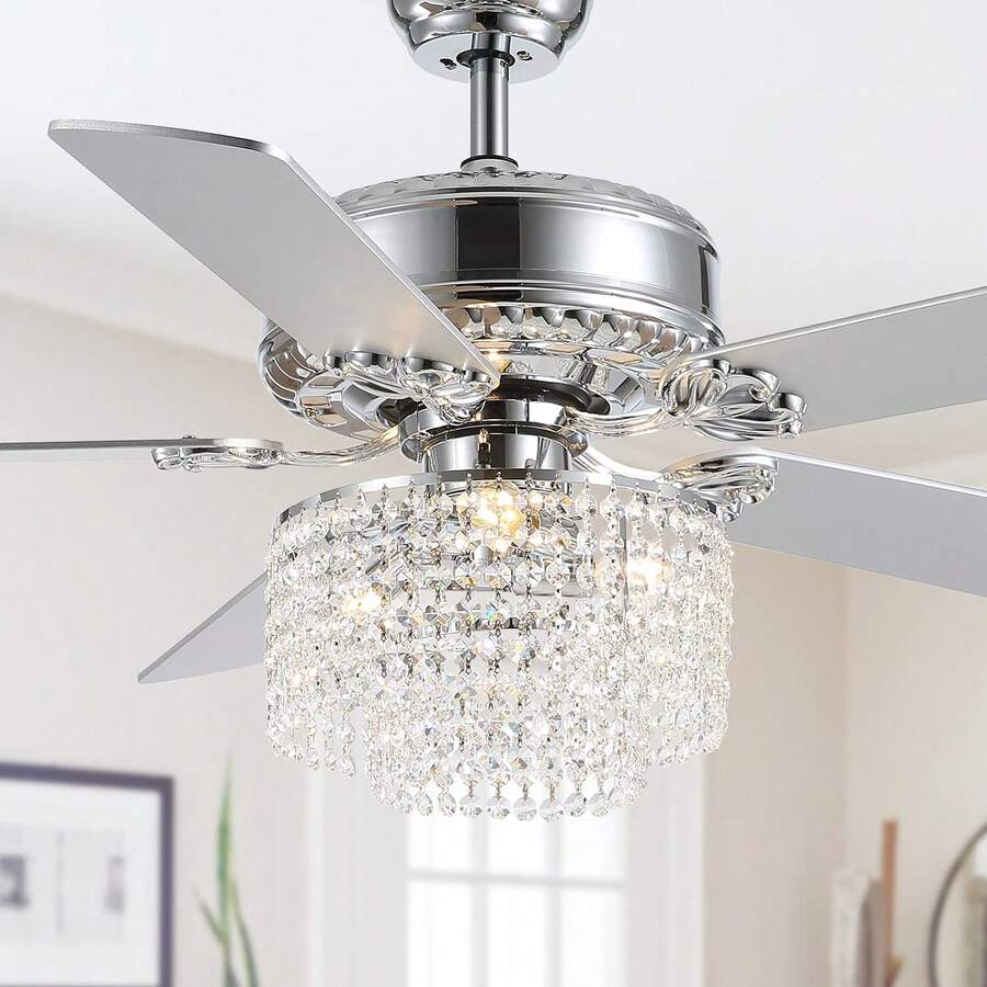 SILJOY 52 Inch Modern Crystal Ceiling Fan With Lights And Remote, Elegant Reversible Chandelier Fan Light KIt Fandelier With 5 Wooden Blades For Bedroom Living Room Dining Room - 52''-tròn - Xem 1