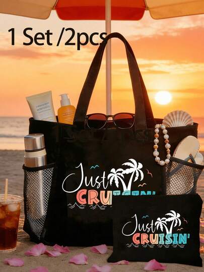 Large Capacity Tote Bag Printed With "Just Cruisin" Text, Sailboat, Palm Tree, Seagull, Wave Patterns, With Mesh Pockets, Portable Large Capacity Shopping Bag, Multifunctional Storage Bag, Beach Bag, Toiletry Bag, Cosmetic Bag, Women's Beach Handbag, Bridesmaid Gift, Valentine's Day Gift, Mother's Day Gift, Ideal For Family Beach Vacation, Cruise, Outdoor Essentials, Travel, Shopping, Beach Life