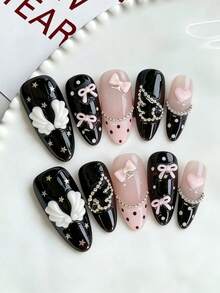10片Y2K复古长杏仁形手工精致美甲贴纸，Y2K黑色、粉色、白色蝴蝶、爱心、水钻、波点可爱蝴蝶结水钻设计，增添甜美氛围，闪亮假指甲配件，可卸美甲装饰，芭蕾舞美甲拉长手指，时尚美甲贴纸套装 - 彩色 - 查看 1