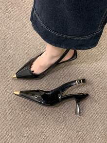 2025新款金属拼接法式细高跟尖头露跟高跟鞋，华丽黑色高跟鞋，女士高跟凉鞋 - 黑色 - 查看 3