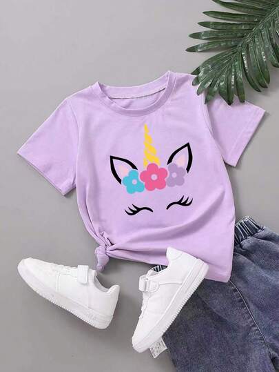 Young Girls' Round Neck Short Sleeve Casual Cartoon Unicorn Graphic T-Shirt