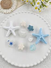 9件套可爱夏日海滩主题海星贝壳树脂DIY鞋饰，适用于花园鞋、凉鞋，情人节礼物 - 藍色 - 查看 3
