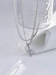 2pcs/Set Fashion Stainless Steel Blade Chain & Basic Chain Necklace Set With Rhinestone Cross Pendant For Women - Silver - View 3