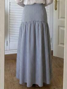 女士时尚休闲复古简约浪漫条纹半身裙 - 藍白色 - 查看 2