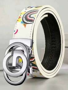 2026 New Graffiti Design Men's Belt, Letter Alloy Automatic Buckle, Suitable For Daily Commute, Holiday Party, Clear Texture, Leather, Couples Belt, Gift Choice - Multicolor - View 6