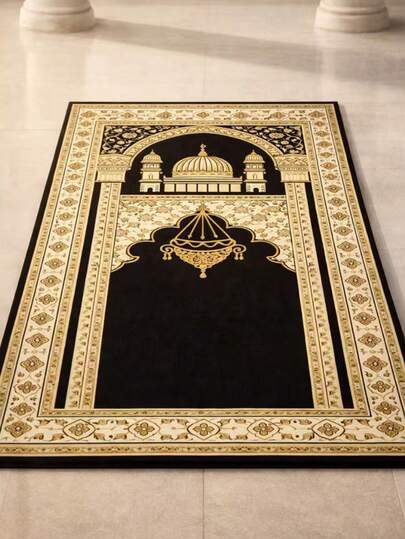 畅销款优雅便携式祈祷垫 - 单件装，43*30 英寸可折叠跪垫，黑金配色，图案精美，适合室内/室外使用，柔软易清洁，是宗教场所和家庭礼拜活动的理想之选