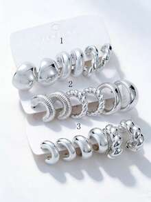 3 Pairs/9 Pairs Thick Silver-Tone Earring Set For Women, Low Allergy Hypoallergenic Earring Set - Silver - View 5